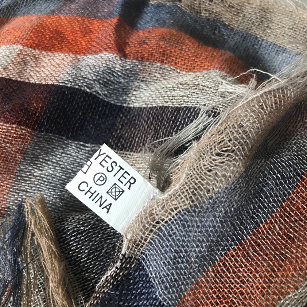 Boho Fringed Shawl Wrap Scarf Gray Rust Navy Plaid - Picture 11 of 12